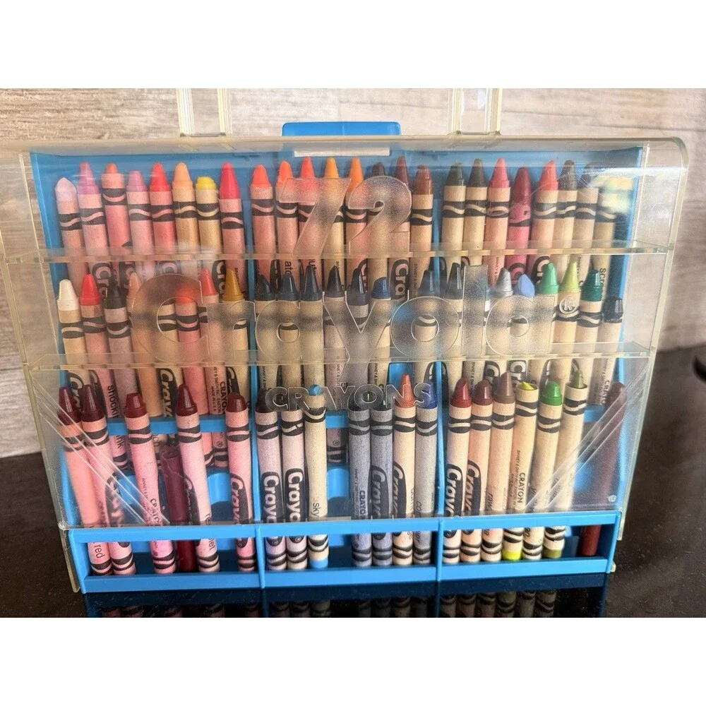 Vintage 72 Crayola Crayon Holder Storage Carrying Case Plastic BLUE w/ sharpener